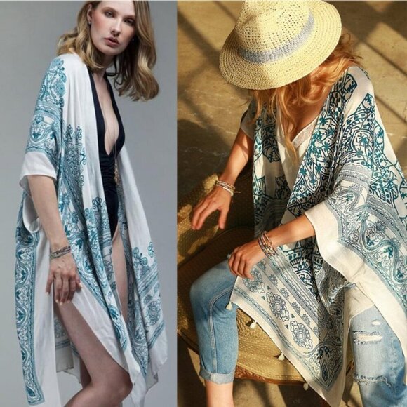 Ruggine OSFA Navy & White Gauzy oversized kimono Boho Chic Cover Up Beach - Picture 11 of 12